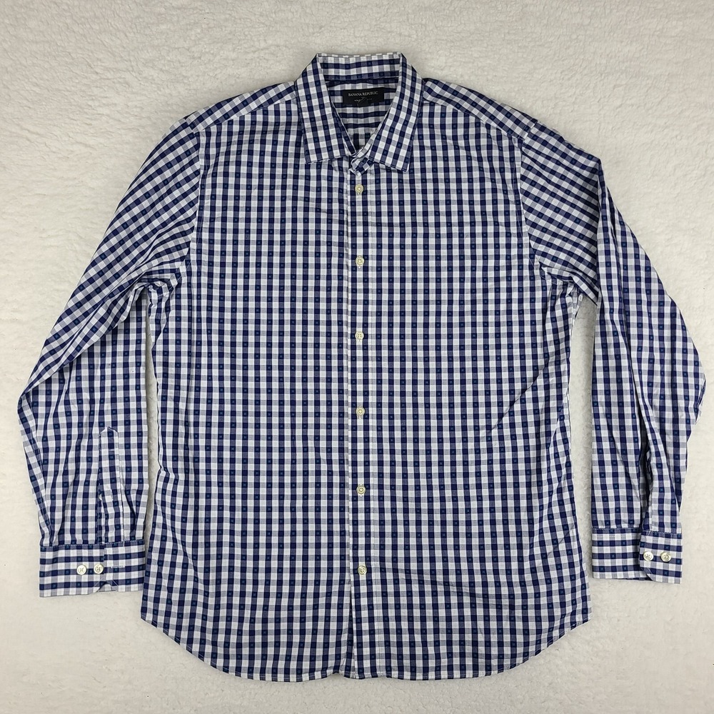 Banana Republic Shirt Mens XL Blue Navy Plaid Non Iron Slim Fit Dress‎ Button Up